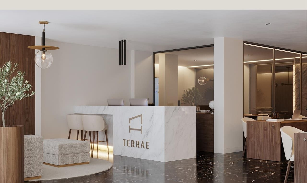 Loja Terrae Linda-a-Velha · recepção com balcão em mármore